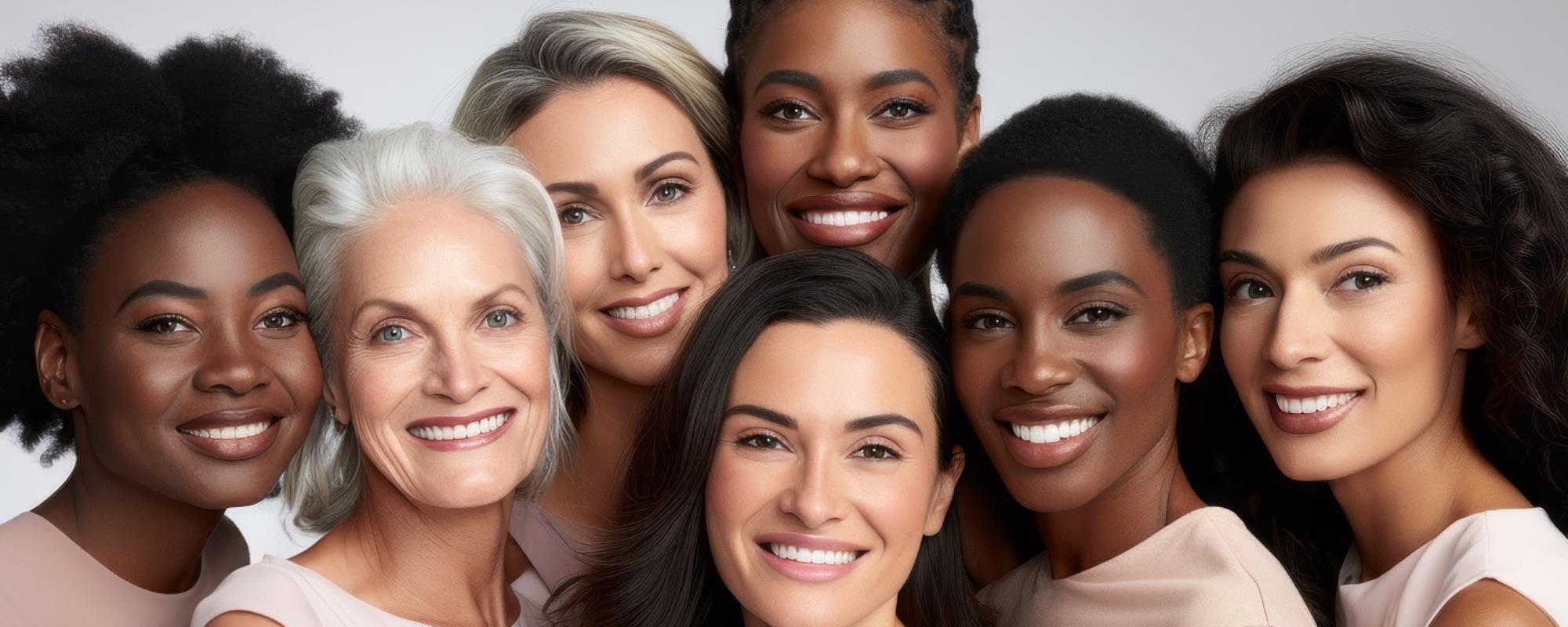 Several women with all different skin colors smiling and posing closely together