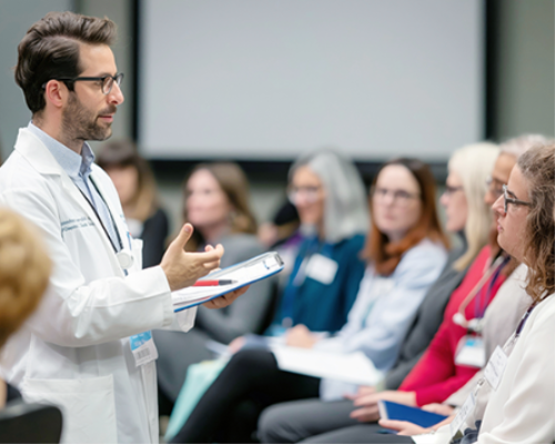 Male medical professional in white coat with clip board addressing audience of other medical professionals