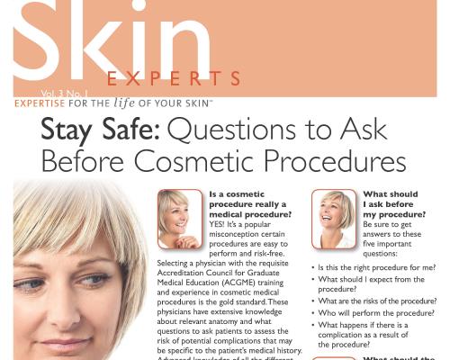 Skin Experts magazine cover with main title that reads: Stay Safe: Questions to Ask Before Cosmetic Procedures
