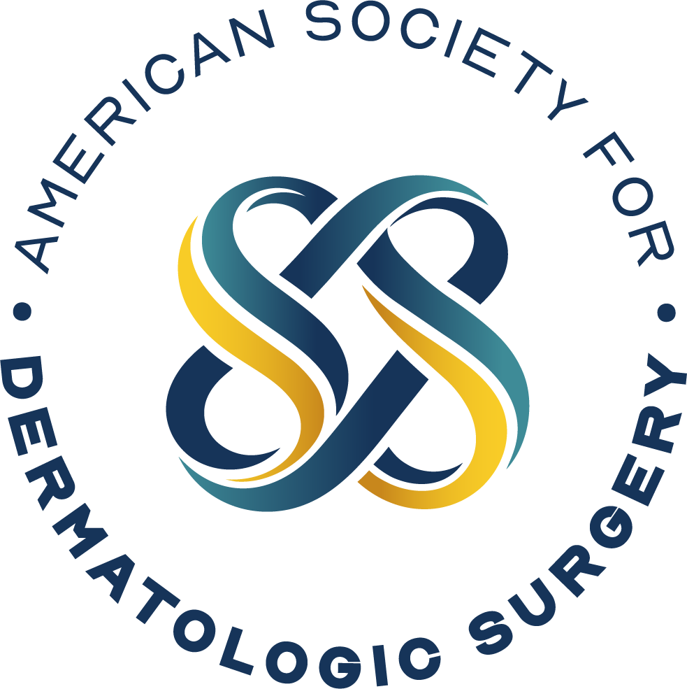 Secondary ASDS Logo with American Society for Dermatologic Surgery text in a circle surrounding a yellow, navy, and teal gradient colored double knot