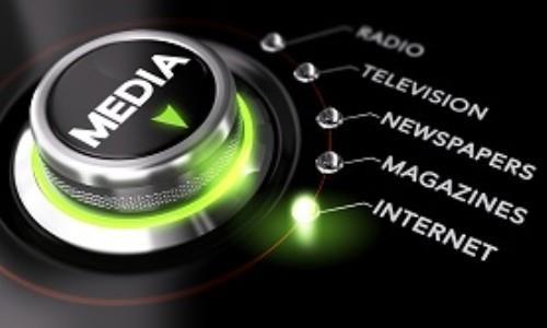 physical dial with the word media on it set to the setting labeled internet with radio, television, newspapers, and magazines being the other represented options